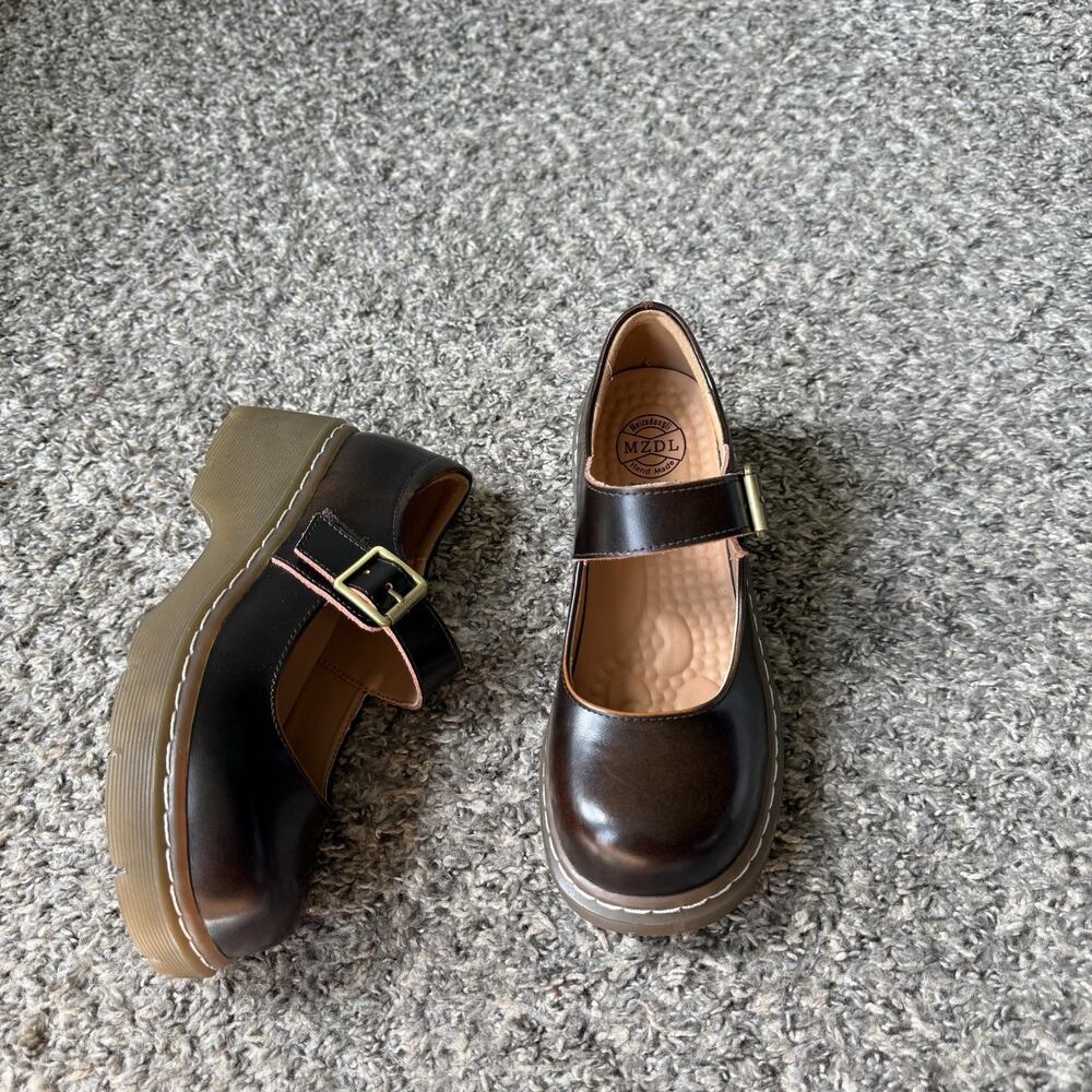 MZDL Meizudongli Brown Leather Mary Jane Shoes Thick Sole Sz 235 US 6 Handmade